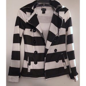 Black and White Striped Peacoat Jacket XS